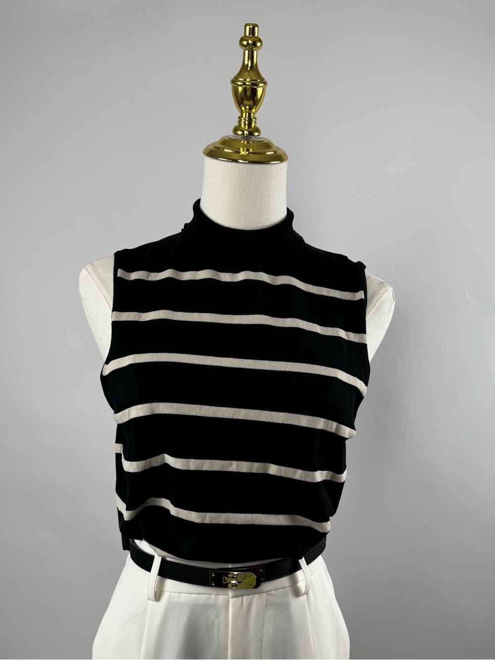 Lauren Ralph Lauren Black Ivory Striped Sleeveless Mock Neck Top M - Picture 2 of 16